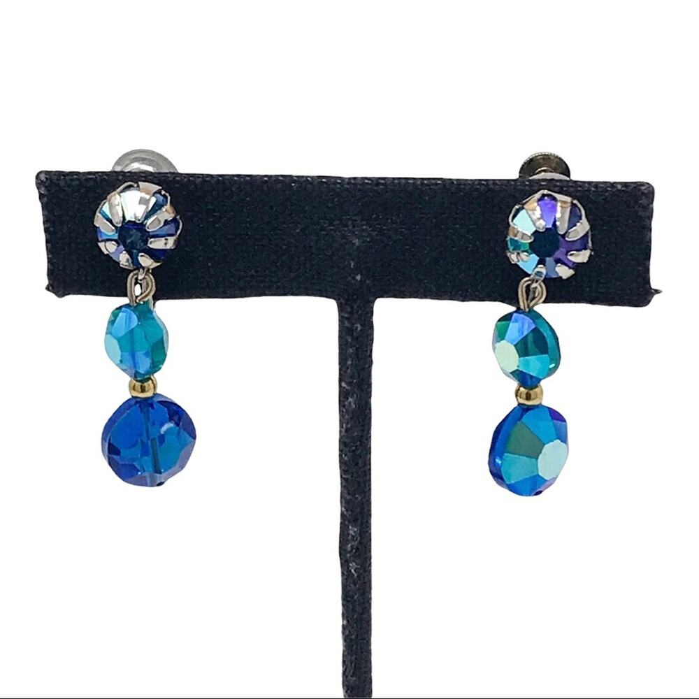 Vintage Earrings Blue Aurora Borealis Crystals Screw Back Dangle Earrings
